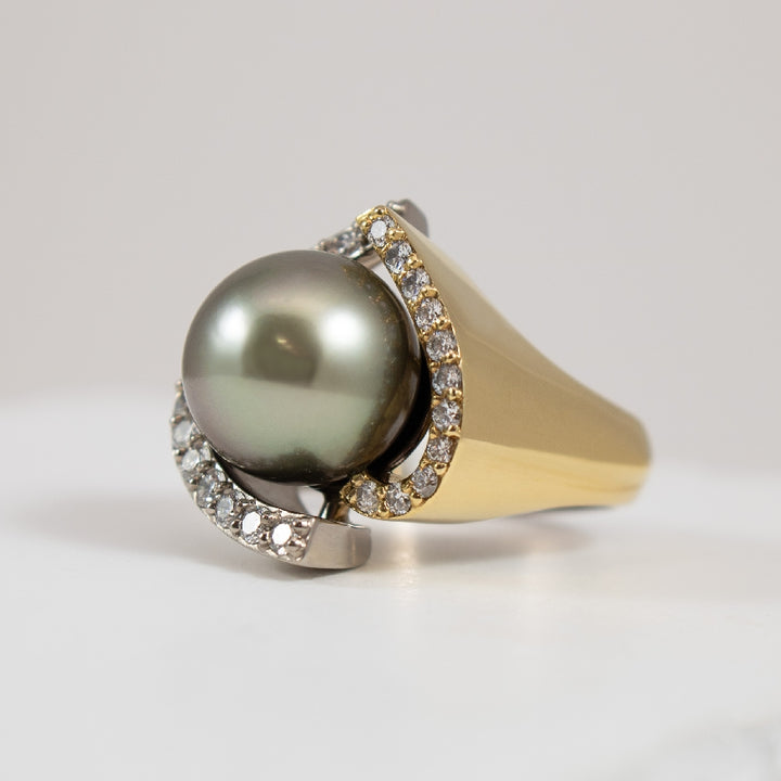 18KYW Tahitian Pearl & Diamond Accented Ring