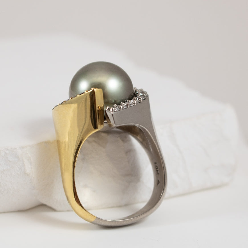 18KYW Tahitian Pearl & Diamond Accented Ring