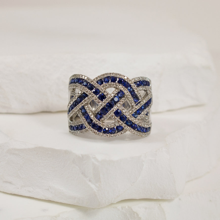 14KW Roman & Jules Braided Sapphire & Diamond Ring
14K White Gold Roman & Jules Sapphire & Natural Diamond Ring
1.81 Total Natural Sapphire Weight
0.73 Total Natural Diamond Weight SI1-VS2 Clarity, FG Colour
Finger Size 8