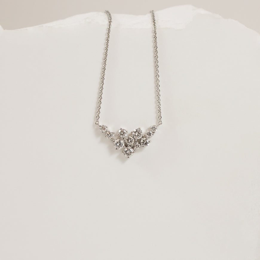 14KW Abstract Round Diamond Necklace
14K White Gold Natural Diamond Necklace
0.42 Total Natural Diamond Weight SI1-2 Clarity, GH Colour
Chain Length 18' (Adjustable to 17'+16')