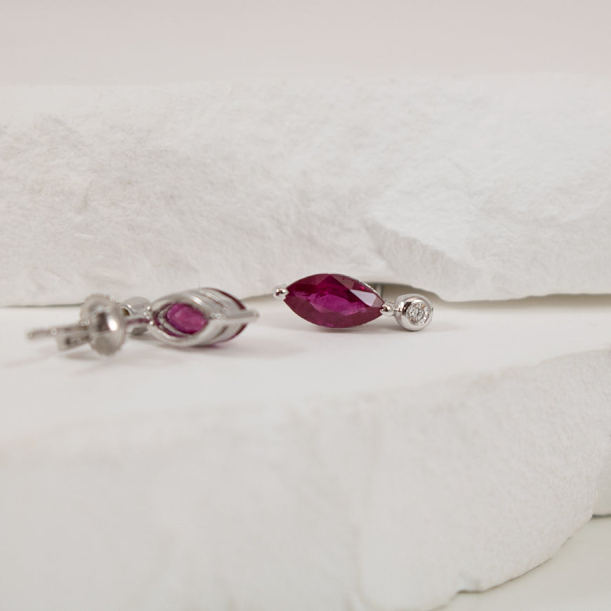 14KW Marquise Cut Ruby & Diamond Earrings
14K White Gold Ruby & Natural Diamond Earrings
1.23 Total Weight Marquise Cut Rubies
0.04 Total Diamond Weight