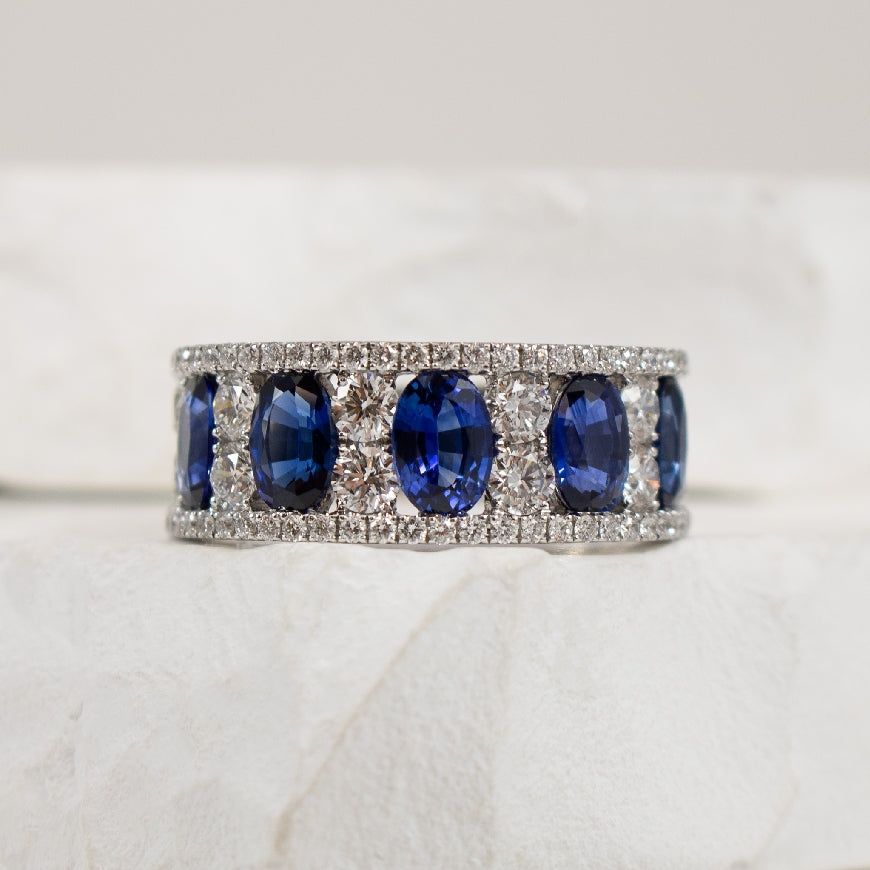 14KW 2.76CT Oval Cut Sapphire & Diamond Ring      
14K White Gold Sapphire & Natural Diamond Ring
2.76 Total Sapphire Weight
1.46 Total Natural Diamond Weight of SI2 Clarity, GH Colour
Finger Size