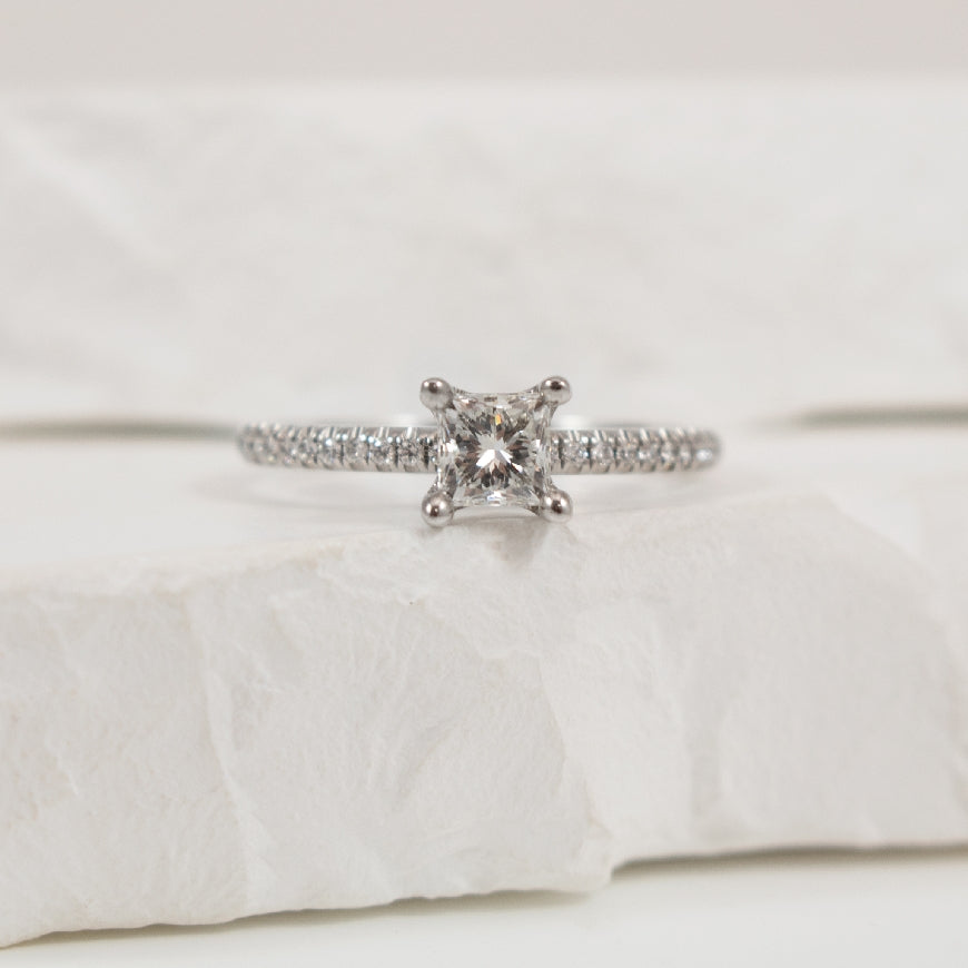 14KW Canadian Princess Cut Diamond Engagement Ring
14K White Gold Princess Cut Canadian Natural Diamond Accented Ring
Center - 0.52CT Princess Cut Canadian Natural Diamond of SI2 Clarity, I Colour
Accent - 0.09 Carats of SI1-2 Clarity, G C