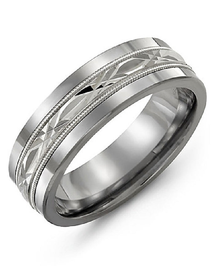 Madani 10KW & Tungsten Carved 7mm Band
Madani 10K White Gold & Tungsten Alternative Band
Width 7mm
Finger Size 10