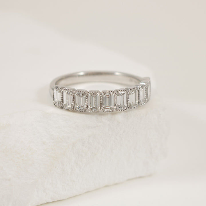 14KW 1.40CT Emerald Cut Diamond Milgrain Band     
14K White Gold Natural Diamond Emerald Cut Band
1.40 Total Natural Emerald Cut Diamond Weight SI1-2 Clarity, FGH Colour
Finger Size 6.25