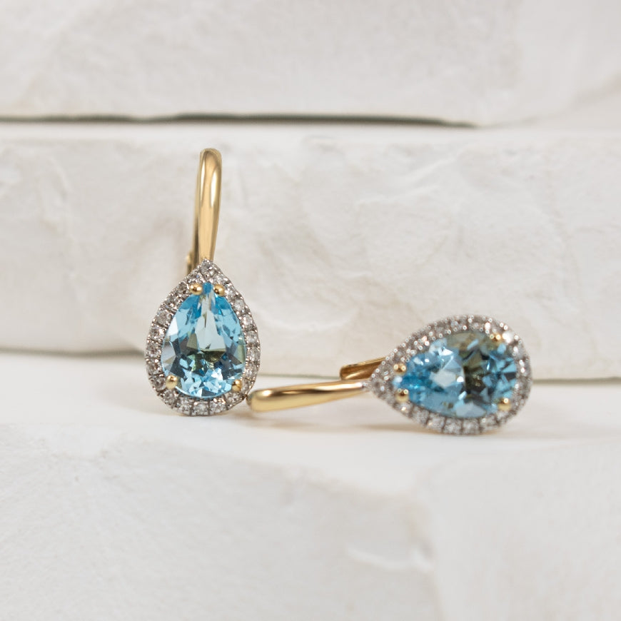 10K Yellow Gold Blue Topaz & Natural Diamond Halo Earrings
0.16 Total Natural Diamond Weight
Earring Closure Leverback