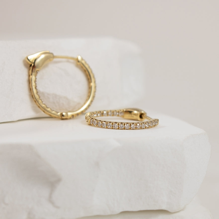 14KY Petite Inside Out Diamond Hoop Earrings
14K Yellow Gold Roman & Jules Natural Diamond Hoop Earrings
0.25 Total Natural Diamond Weight SI Clarity, GH Colour
Earring Closure Secure Lock