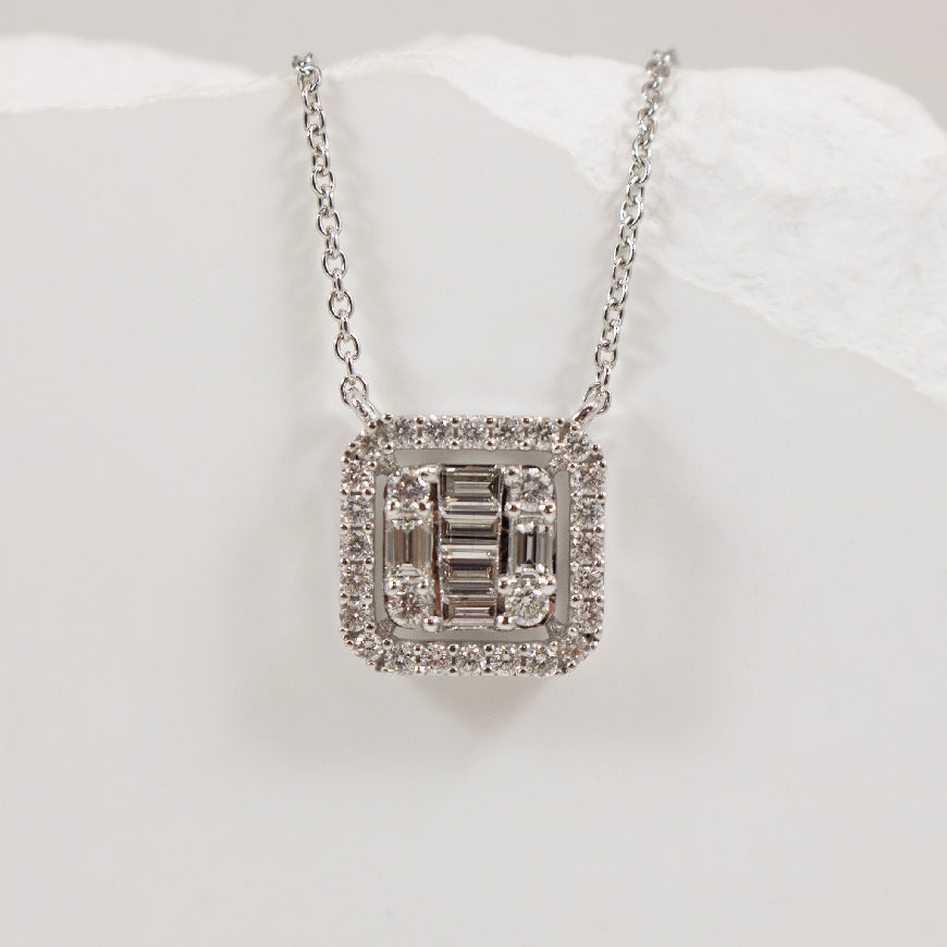 14KW Multi Shape Cluster Diamond Necklace
14K White Gold Roman & Jules Natural Diamond Necklace
0.51 Total Natural Diamond Weight SI1-2 Clarity, G Colour
Chain Length 18' (Adjustable)