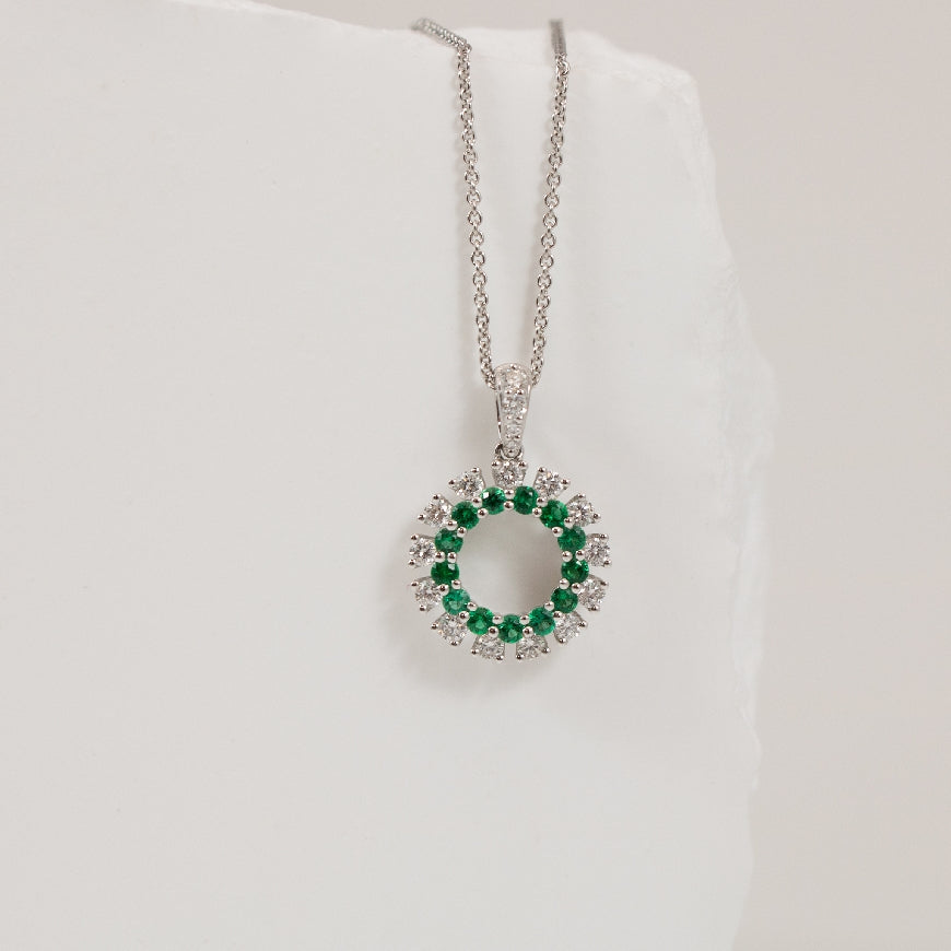 14KW Emerald & Diamond Open Circle Necklace
14K White Gold Emerald & Natural Diamond Circle Necklace
0.21 Total Emerald Weight
0.27 Total Natural Diamond Weight
Chain Length 18'(Adjustable to 16')