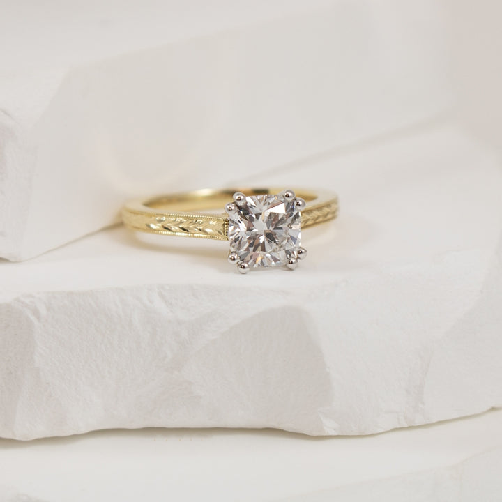 14KY Vintage Style Cushion Diamond Engagement Ring
14K Yellow Gold Gabriel & Co. Lab Grown Diamond Vintage Style Solitaire Engagement Ring 
Center - 1.42CT Cushion Cut Lab Grown Diamond of VVS2 Clarity, D Colour, Excellent/ Excellent Cut 
Ba