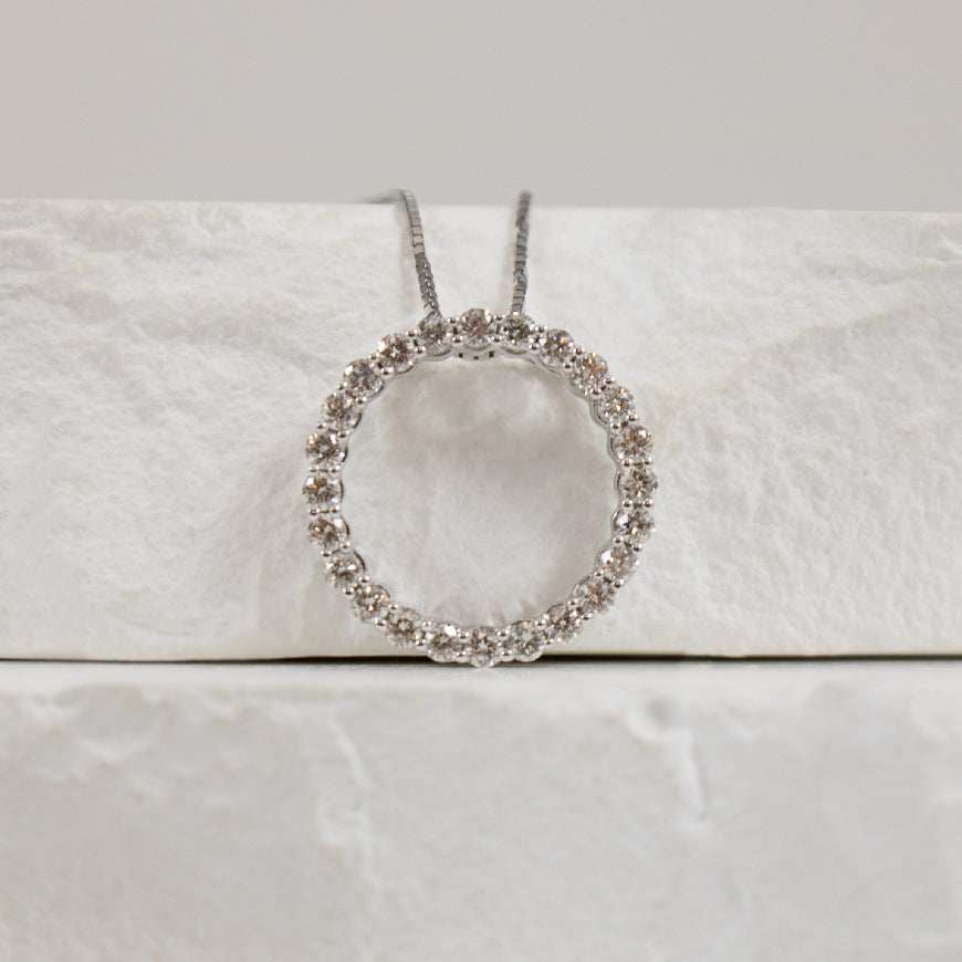14KW Diamond Circle Necklace
14K White Gold Natural Diamond Circle Necklace
0.25 Total Natural Diamond Weight SI Clarity, GH Colour
Chain Length 18'