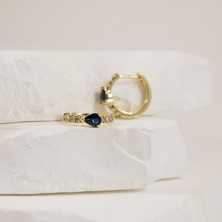 10KY Pear-Shaped Sapphire & Diamond Huggie Hoops