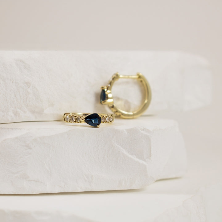 10KY Pear-Shaped Sapphire & Diamond Huggie Hoops