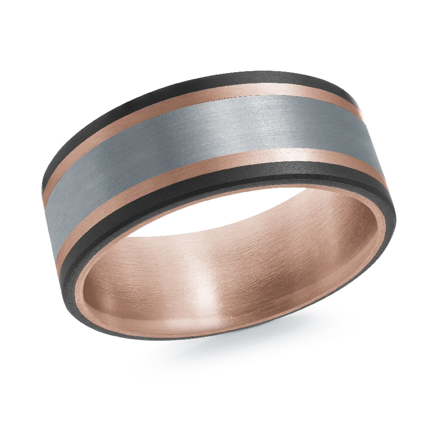 Mardini Mixed Metal 8.5mm Wide Band
Mardini 14K Rose Gold, Tantalum & Carbon Fiber Alternative Band
Satin Finish
Width 8.5mm
Finger Size 10