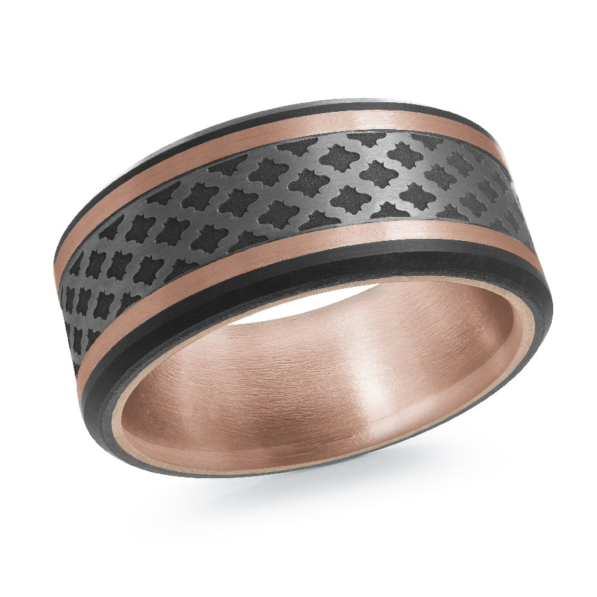 Mardini Patterned Mixed Metal 10mm Band
Mardini 14K Rose Gold, Tantalum & Carbon Fiber Alternative Band
Satin Finish
Width 10mm
Finger Size 10
