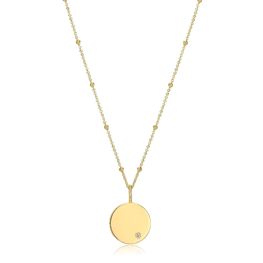 REIGN COLLECTION STERLING SILVER & GOLD PLATE
CUBIC ZIRCONIA DISK NECKLACE
18' LENGTH