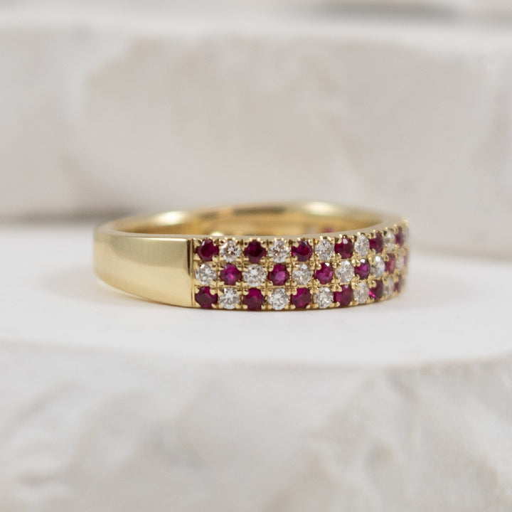 14KY Ruby & Diamond Checkered Pattern Ring