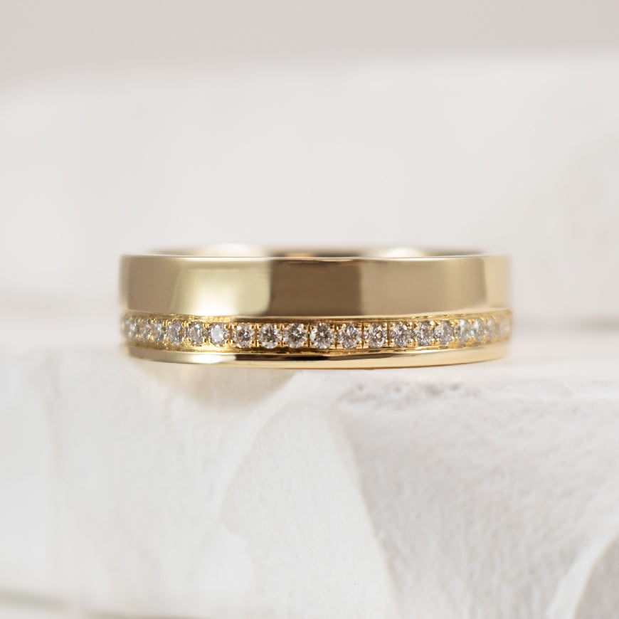 14KY Diamond & High Polish Cigar Band
14K Yellow Gold Natural Diamond & High Polish Cigar Band
0.21 Carats Total Diamond Weight of SI1-2 Clarity, GH Colour
5.35mm Wide
Finger Size 6.5