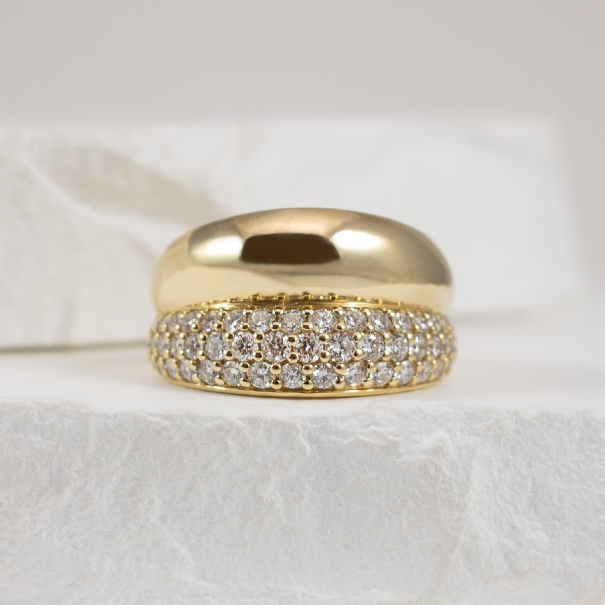 14KY Double Domed Pave 1.20CT Diamond Ring       
14K Yellow Gold Double Domed Pave Round Brilliant Cut Lab Grown Diamond Ring 
1.20 Carats Total Diamond Weight of VS+ Clarity, F Colour 
Finger Size 6.5
