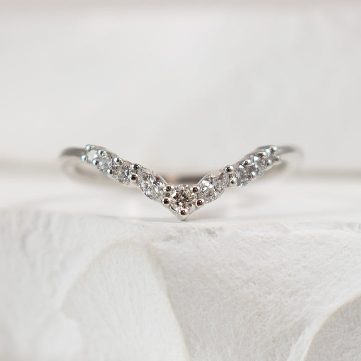14KW Marquise & Round Cut Diamond Chevron Band    
14K White Gold Natural Diamond Chevron Contour Band 
0.20 Carats Round Brilliant & Marquis Cut Diamonds of SI2-SI3 Clarity, G-H Colour 
Finger Size 7