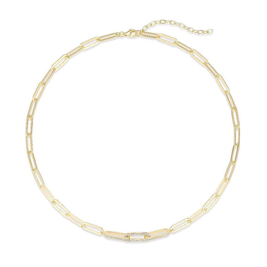 REIGN COLLECTION STERLING SILVER & 23K GOLD PLATE
CUBIC ZIRCONIA PAPERCLIP NECKLACE 16+2' LENGTH