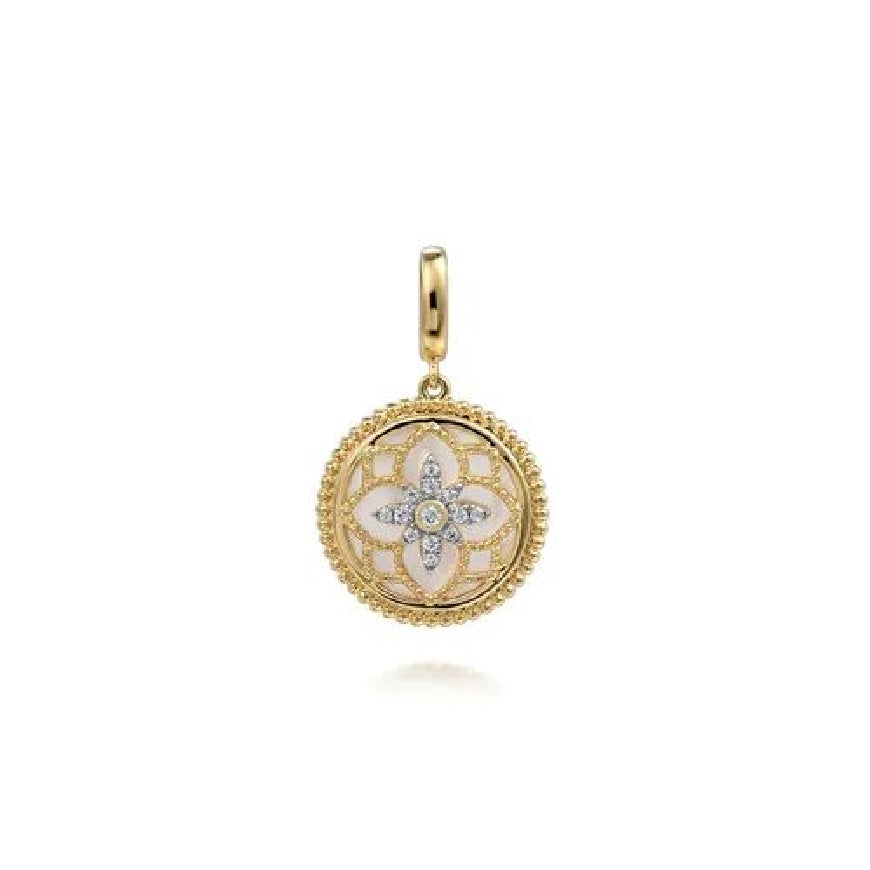 14KY Gabriel & Co. Bujukan MOP Medallion Pendant

14K Yellow Gold Bujukan Diamond and Mother of Pearl Medallion 
Pendant With Detachable Bail

0.09 Carats Total Diamond Weight of SI1-2 Clarity, GH Colour 

S2265178

18mm Diameter 

