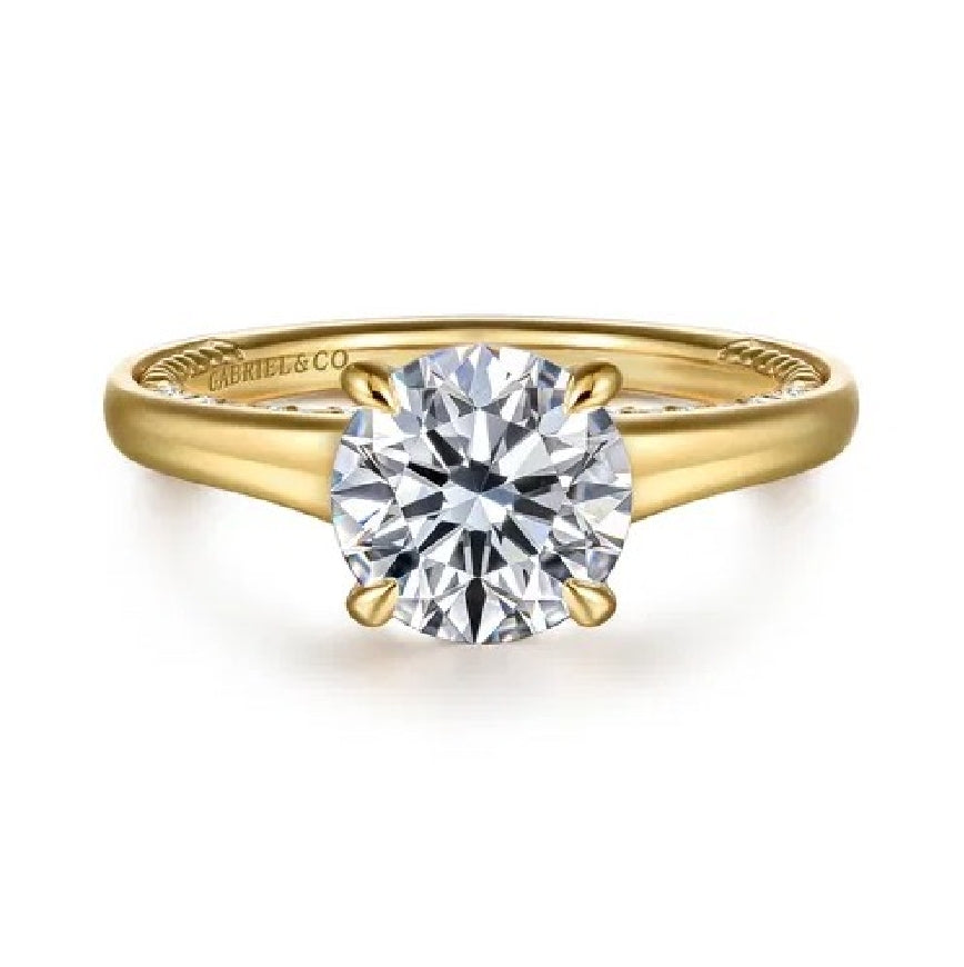 14KY Gabriel & Co. Diamond Engagement Ring           

14 Karat Yellow Gold Gabriel & Co. Lab Grown & Natural Diamond Engagement Ring 

Center - 2.07 Carat Round Brilliant Cut Lab Grown Diamond of VS1 Clarity, F Colour, Ideal/ Excellent/ Excellen