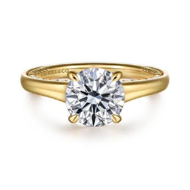 14KY Gabriel & Co. Diamond Engagement Ring           

14 Karat Yellow Gold Gabriel & Co. Lab Grown & Natural Diamond Engagement Ring 

Center - 2.07 Carat Round Brilliant Cut Lab Grown Diamond of VS1 Clarity, F Colour, Ideal/ Excellent/ Excellen
