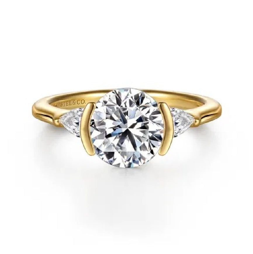 14KY Gabriel & Co. Diamond Engagement Ring           

14 Karat Yellow Gold Gabriel & Co. Round Brilliant Cut Half Bezel Diamond Engagement Ring 

Center - 2.00 Carat Round Brilliant Cut Lab Grown Diamond of VVS2 Clarity, E Colour, Excellent/ Exc