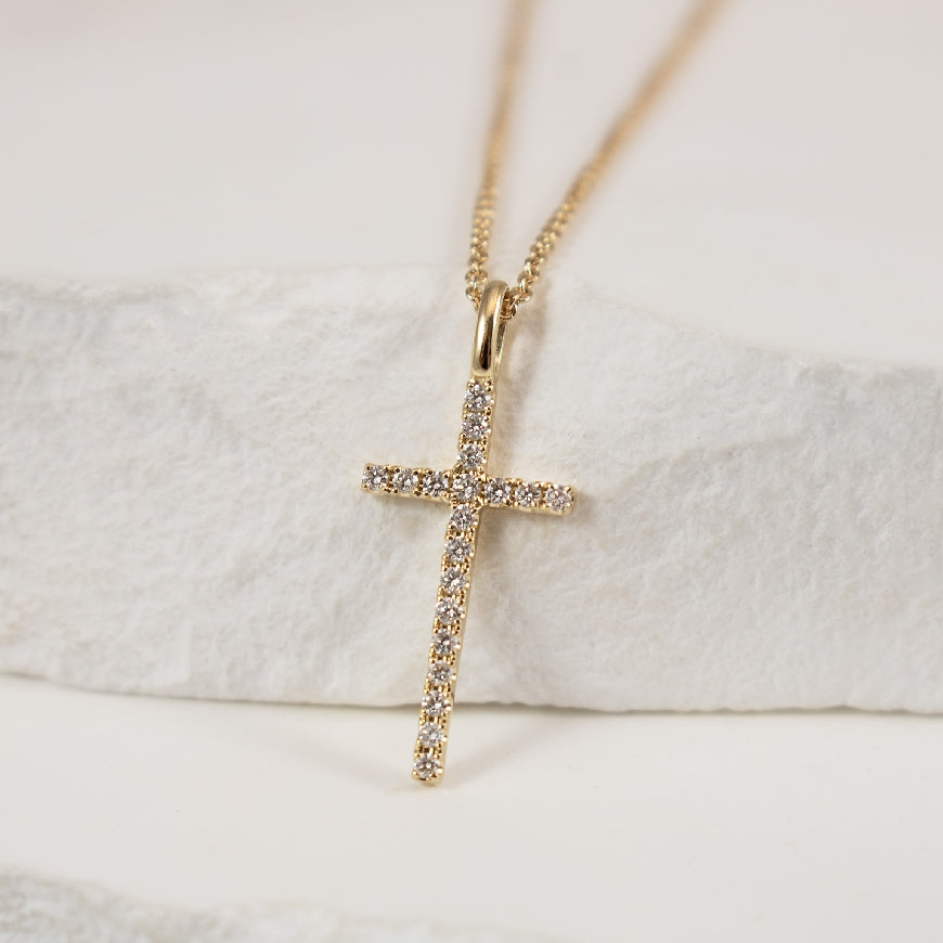 14KY Natural Diamond Cross Necklace   

14K Yellow Gold Natural Diamond Cross Necklace

0.09 Total Natural Diamond Weight VS-SI Clarity, G-H Colour 

18' Chain Length (Adjustable to 17' & 16')
