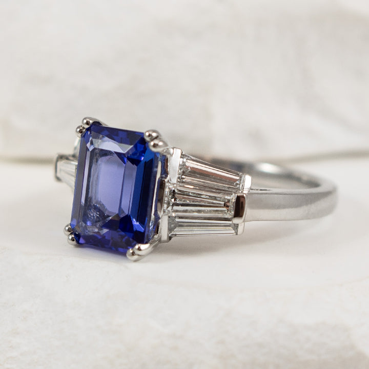 Platinum Emerald Cut Tanzanite & Diamond Ring