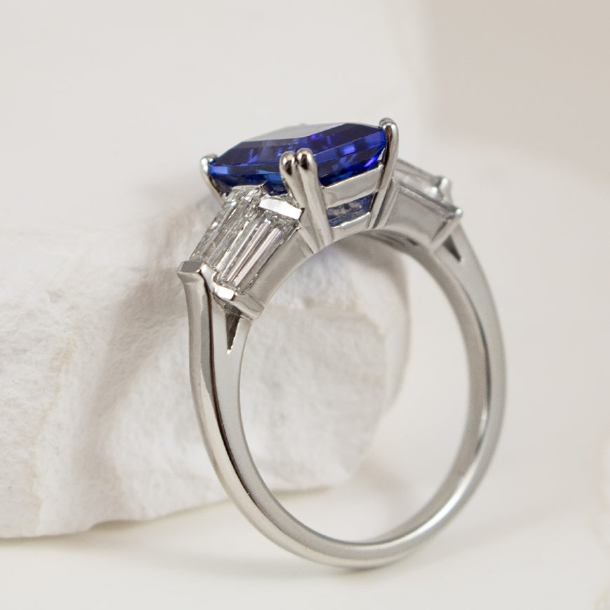 Platinum Emerald Cut Tanzanite & Diamond Ring
