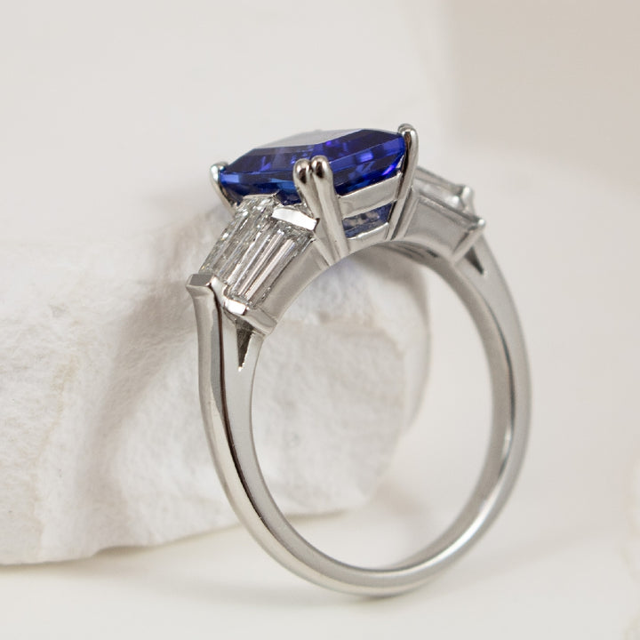 Platinum Emerald Cut Tanzanite & Diamond Ring