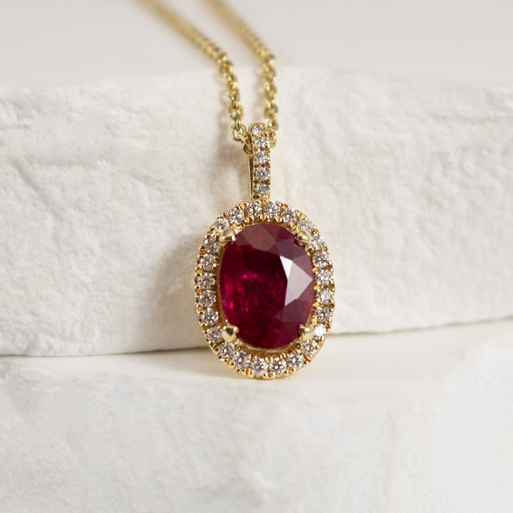 14K Yellow Gold Natural Diamond & Ruby Halo Necklace