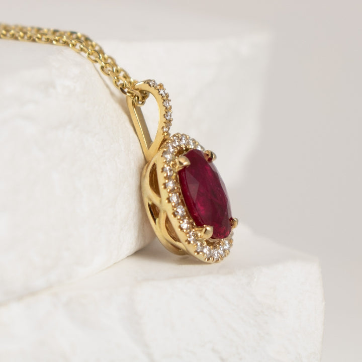 14K Yellow Gold Natural Diamond & Ruby Halo Necklace - Side Profile