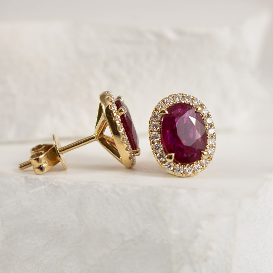 14K Yellow Gold Natural Diamond & Oval Cut Ruby Halo Stud Earrings 

