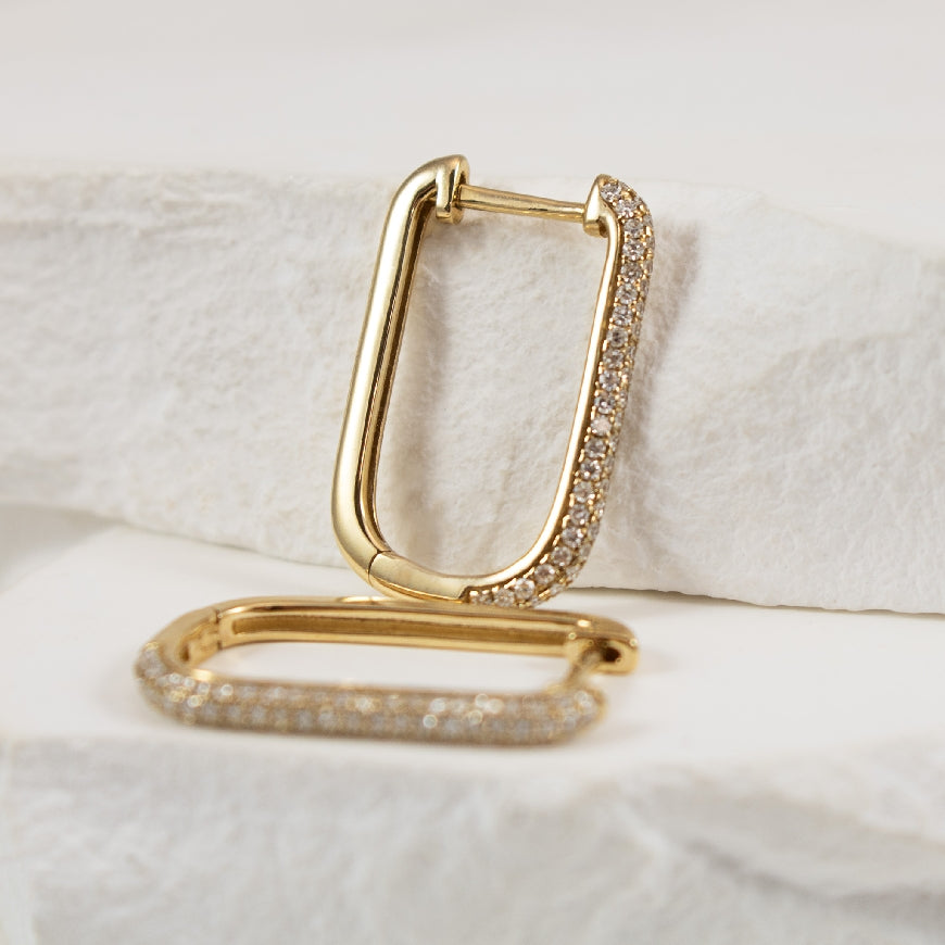 14KY Diamond Pave Oblong Hoop Earrings