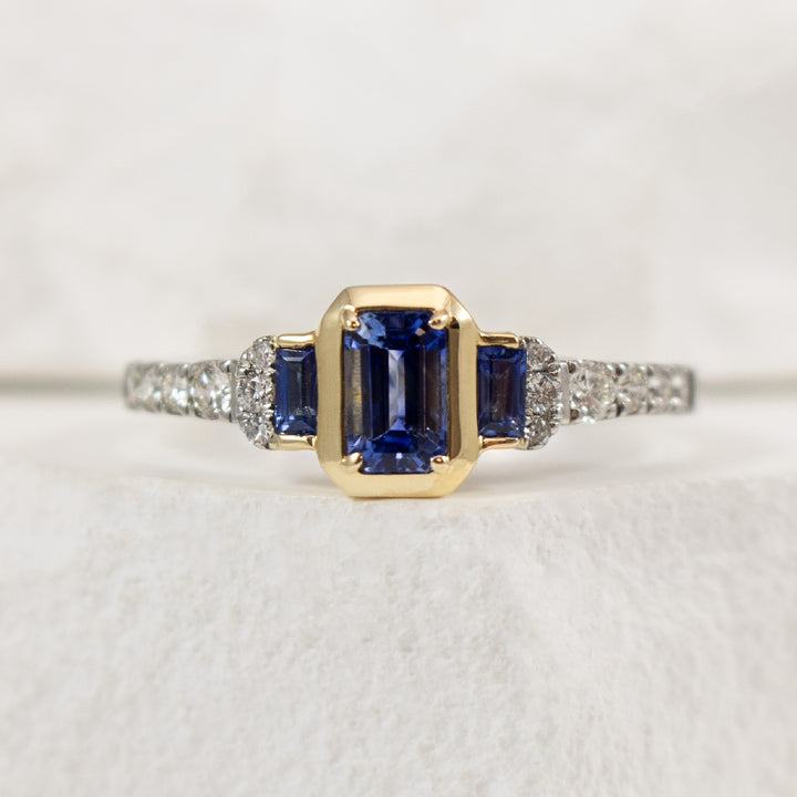 Platinum & 14K Yellow Gold Sapphire and Diamond Three Stone Emerald Cut Ring