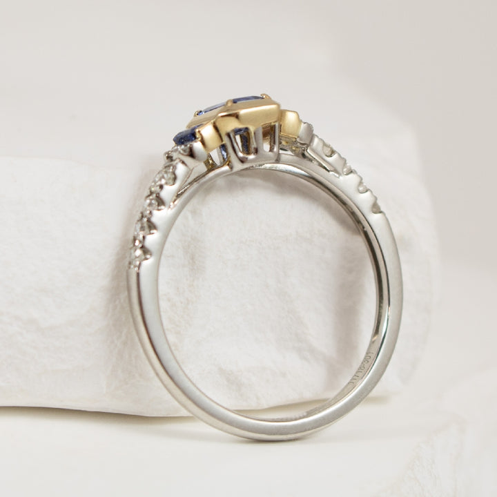 Two Tone Emerald Cut Sapphire and Diamond Accented Ring