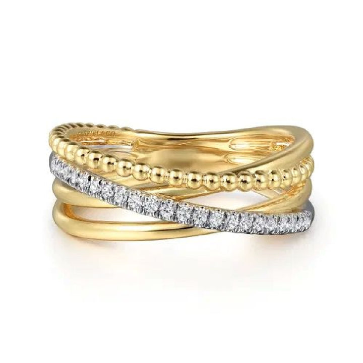 14KY Gabriel & Co. Bujukan Diamond Ring 

14K Yellow Gold Bujukan Criss Cross Diamond Ring 

0.11 Carats Total Diamond Weight of SI+ Clarity, GH Colour 

S2363014

Finger Size 6.5 
