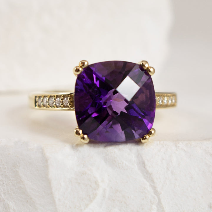 10K Yellow Gold Checkboard Cushion Cut Amethyst & Diamond Accented Ring  

10mm Checkboard Cushion Cut Amethyst
