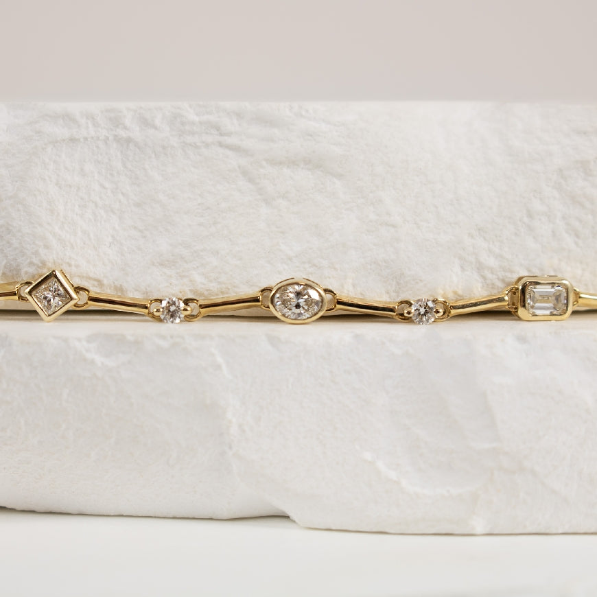 14K Yellow Gold Multi Shape Diamond Bezel Set Bracelet with Gold Bars - Close Up