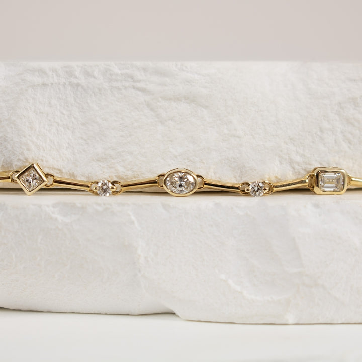 14K Yellow Gold Multi Shape Diamond Bezel Set Bracelet with Gold Bars - Close Up