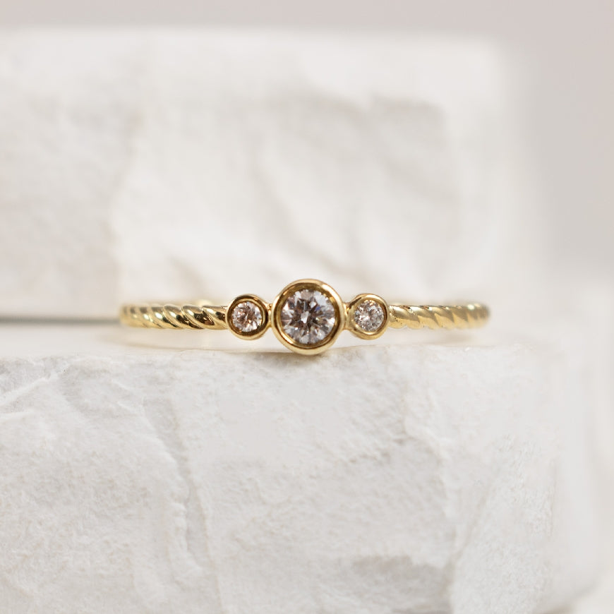 10KY Petite Three Stone Bezel Set Twist Ring

10K Yellow Gold Three Stone Bezel Set Twisted Rope Ring

0.10 Total Natural Diamond Weight of SI2-I1 Clarity, IJ Colour

Finger Size 6.75

