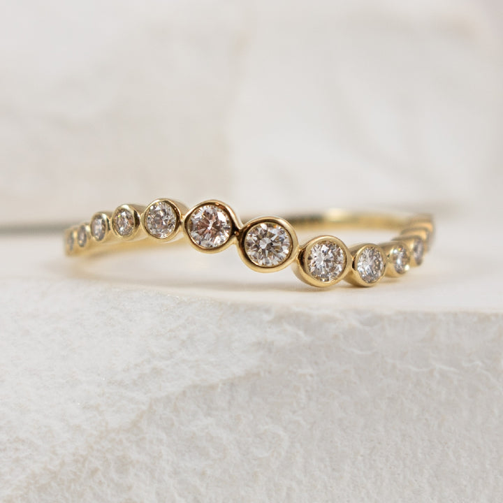 14K Yellow Gold Wave Ring with Bezel Set Round Natural Diamonds