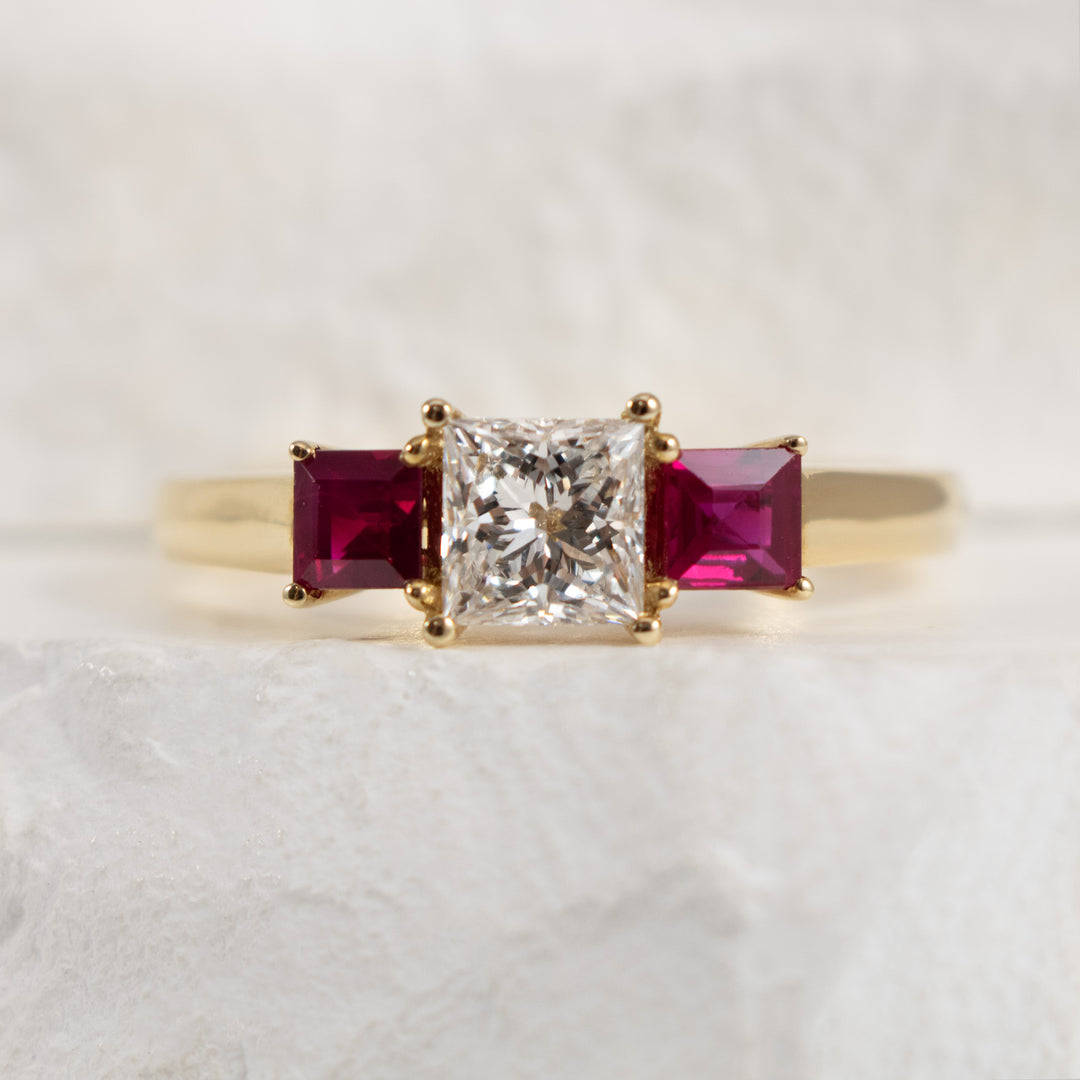 14K Yellow Gold Ruby & Lab Grown Diamond Three Stone Princess Cut Ring, Diamond Center with Ruby Side Stones