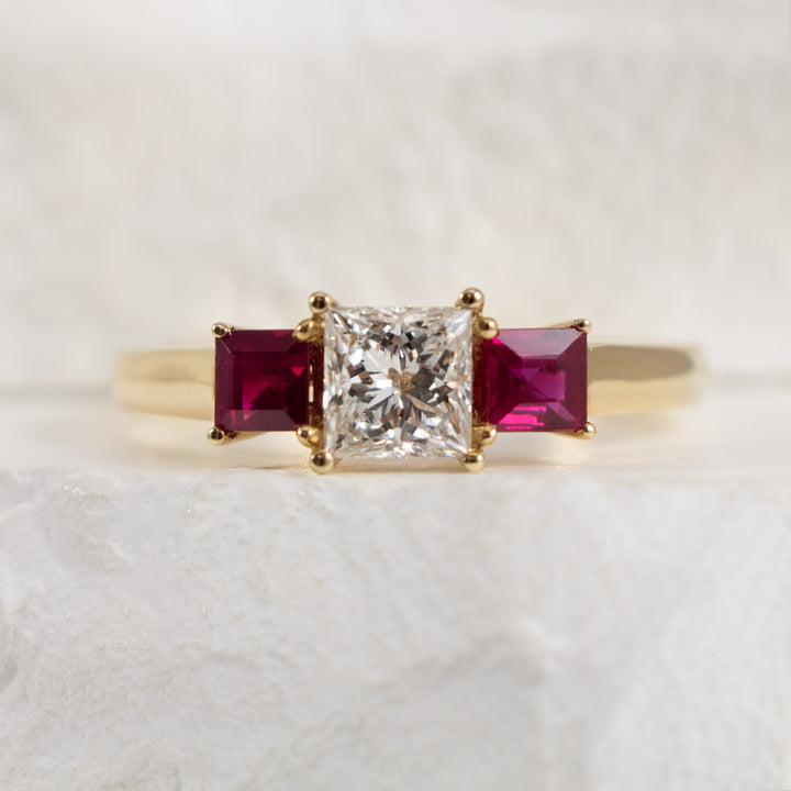 14K Yellow Gold Ruby & Lab Grown Diamond Three Stone Princess Cut Ring, Diamond Center with Ruby Side Stones