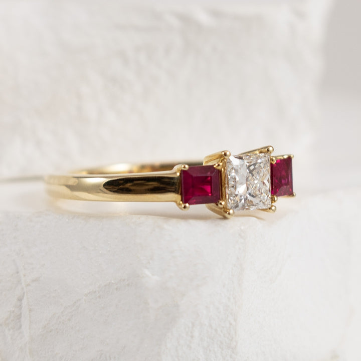 14K Yellow Gold Ruby & Lab Grown Diamond Three Stone Princess Cut Ring, Diamond Center with Ruby Side Stones - Side Profile