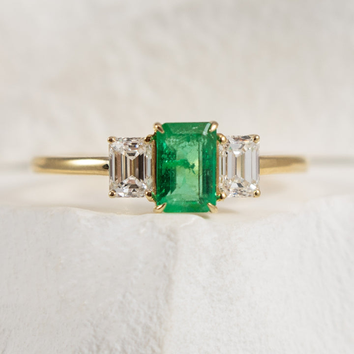 14K Yellow Gold Emerald & Lab Grown Diamond Three Stone Emerald Cut Ring, Emerald Cut Center with Diamond Sides 