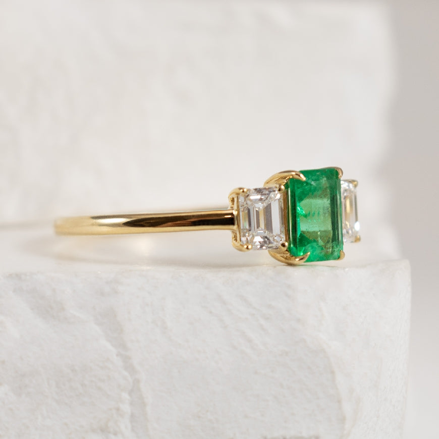14K Yellow Gold Emerald & Lab Grown Diamond Three Stone Emerald Cut Ring, Emerald Cut Center with Diamond Sides - Side Profile